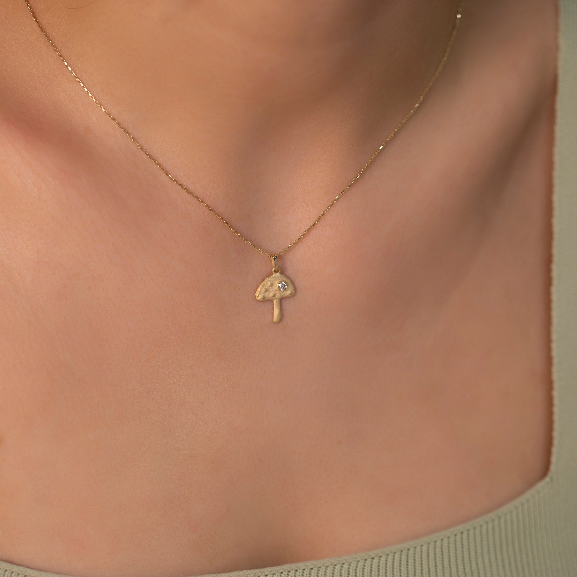 14K Gold Diamond Matte and Tumbled Mushroom Charm Necklace