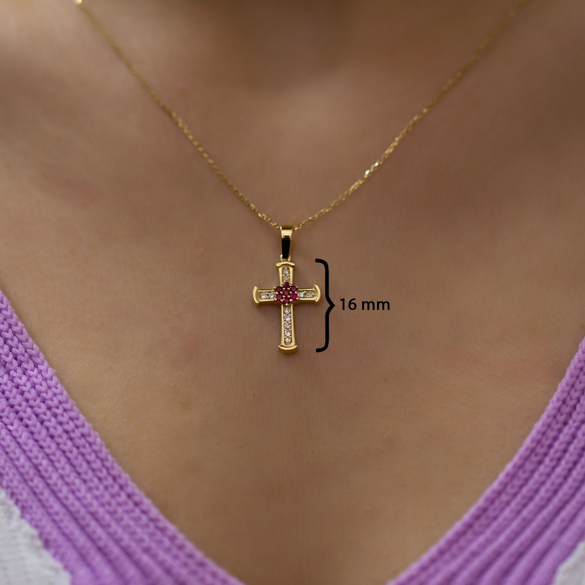 14K Gold Diamond Ruby Cross Woman Necklace