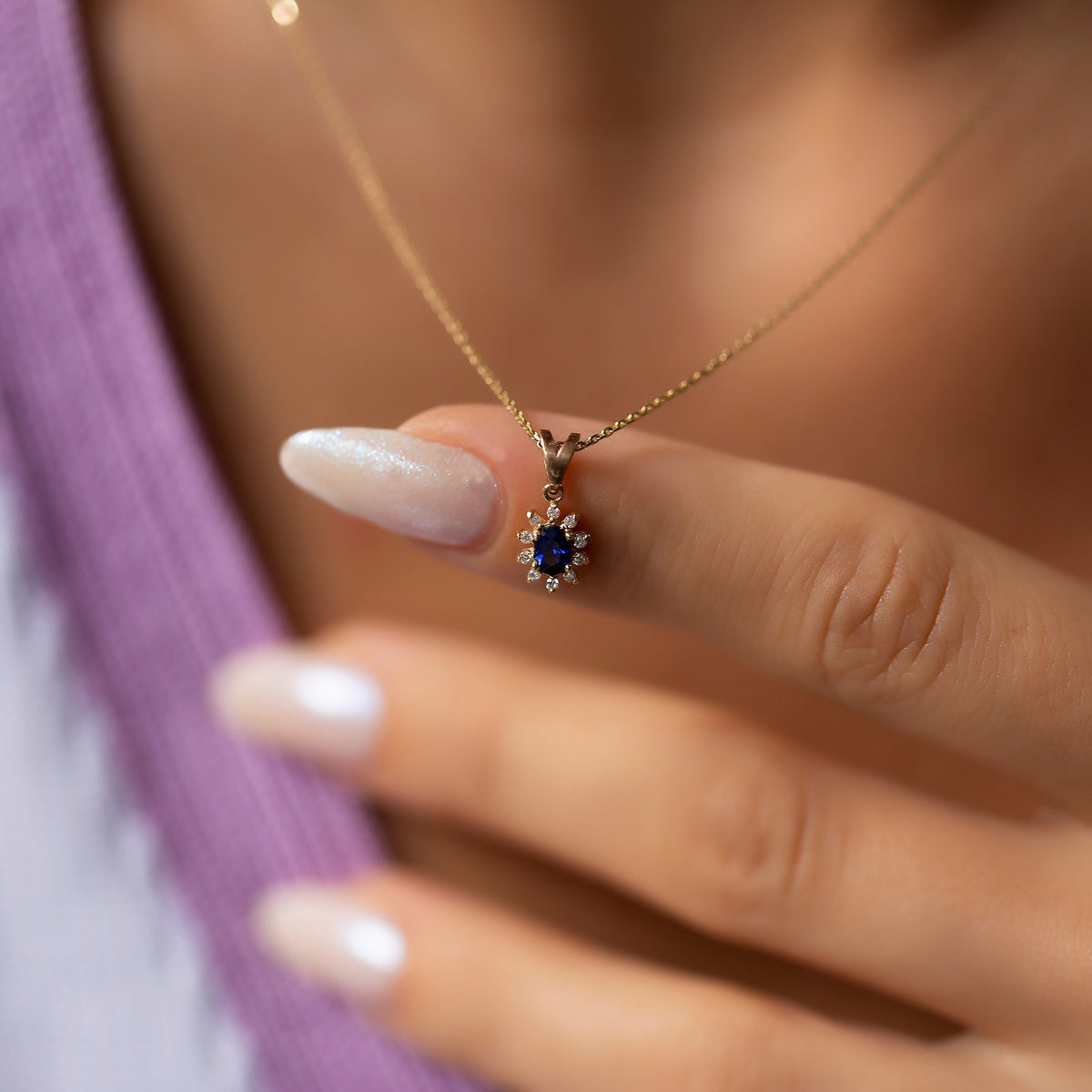 14K Gold Diamond Oval Cut Sapphire Necklace