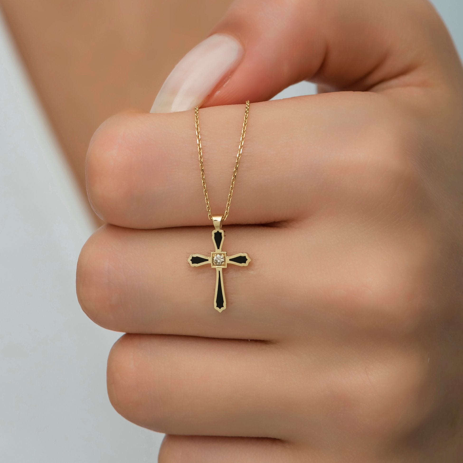 14K Gold Diamond Enamel Cross Necklace