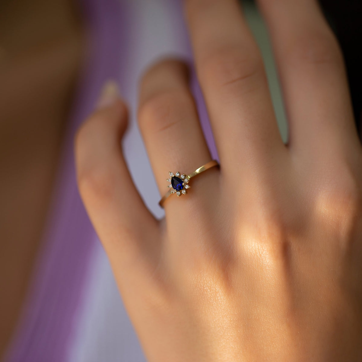 14K Gold Diamond Drop Cut Sapphire Ring