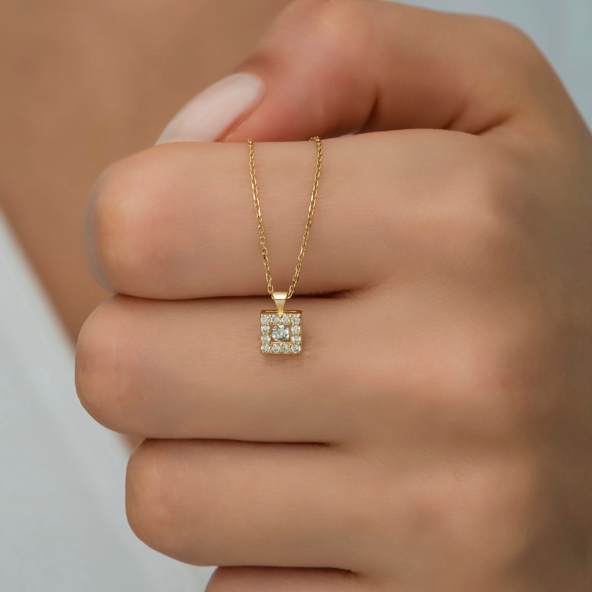 14K Gold  Square Shape Diamond Necklace