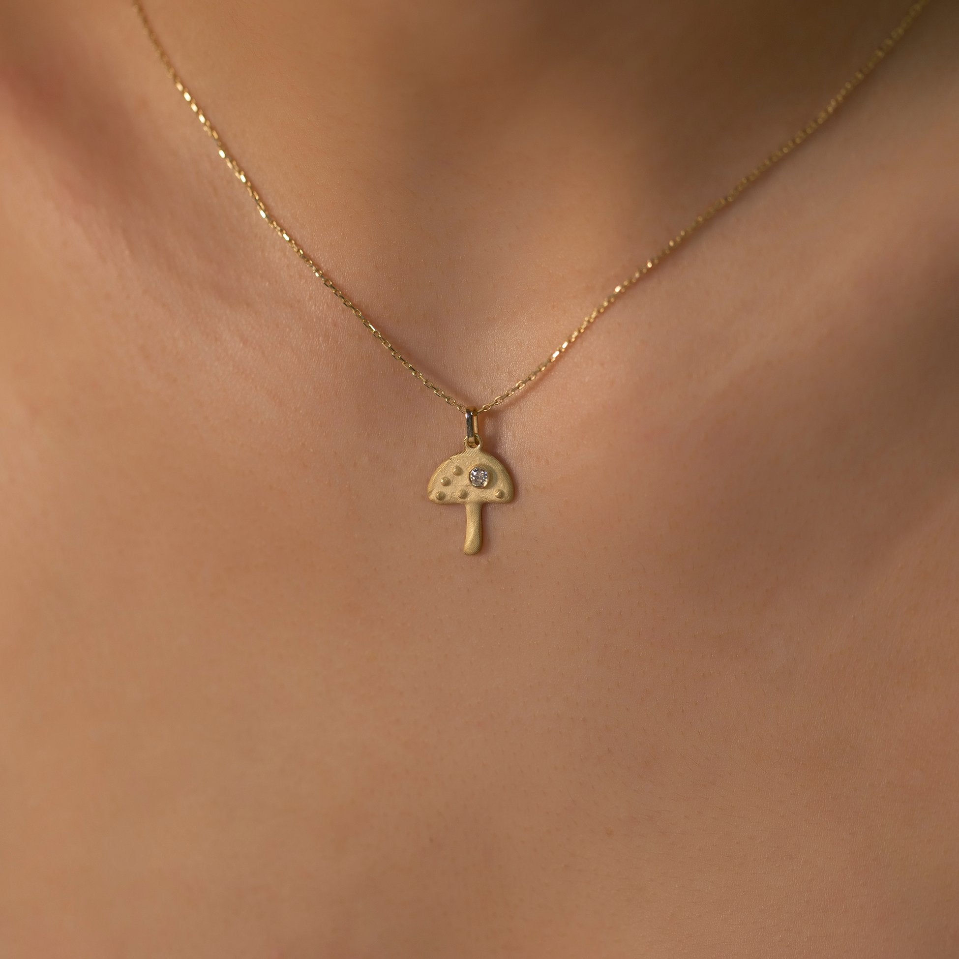 14K Gold Diamond Matte and Tumbled Mushroom Charm Necklace