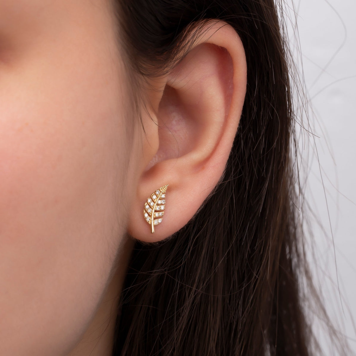 14K Gold Diamond Leaf Stud Earring