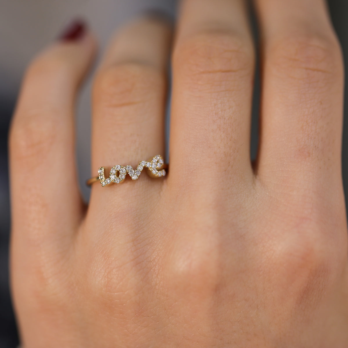 14K Gold Diamond Love Ring/ Dainty Gold Diamond Love Ring/ Minimalist Diamond Love Ring Anniversary Gifts/ Personalized Gifts/ Gift for Her