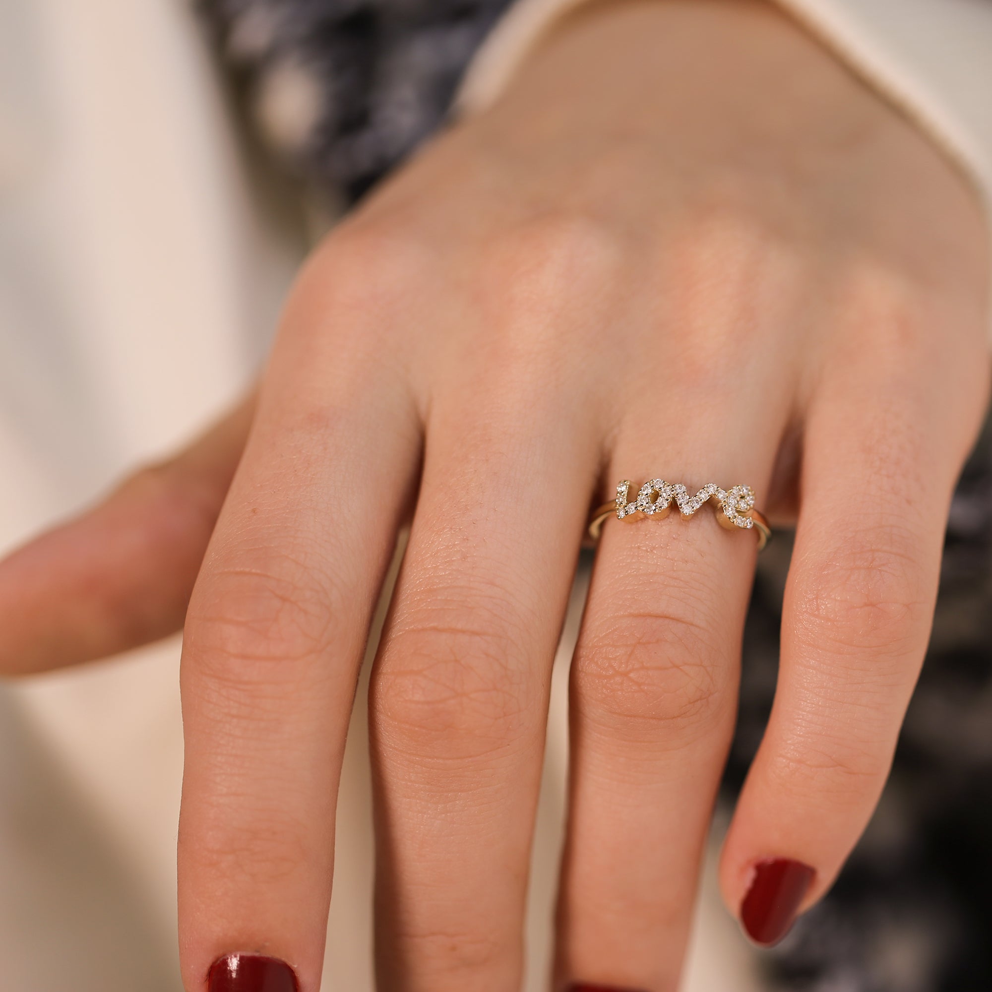 14K Gold Diamond Love Ring/ Dainty Gold Diamond Love Ring/ Minimalist Diamond Love Ring Anniversary Gifts/ Personalized Gifts/ Gift for Her
