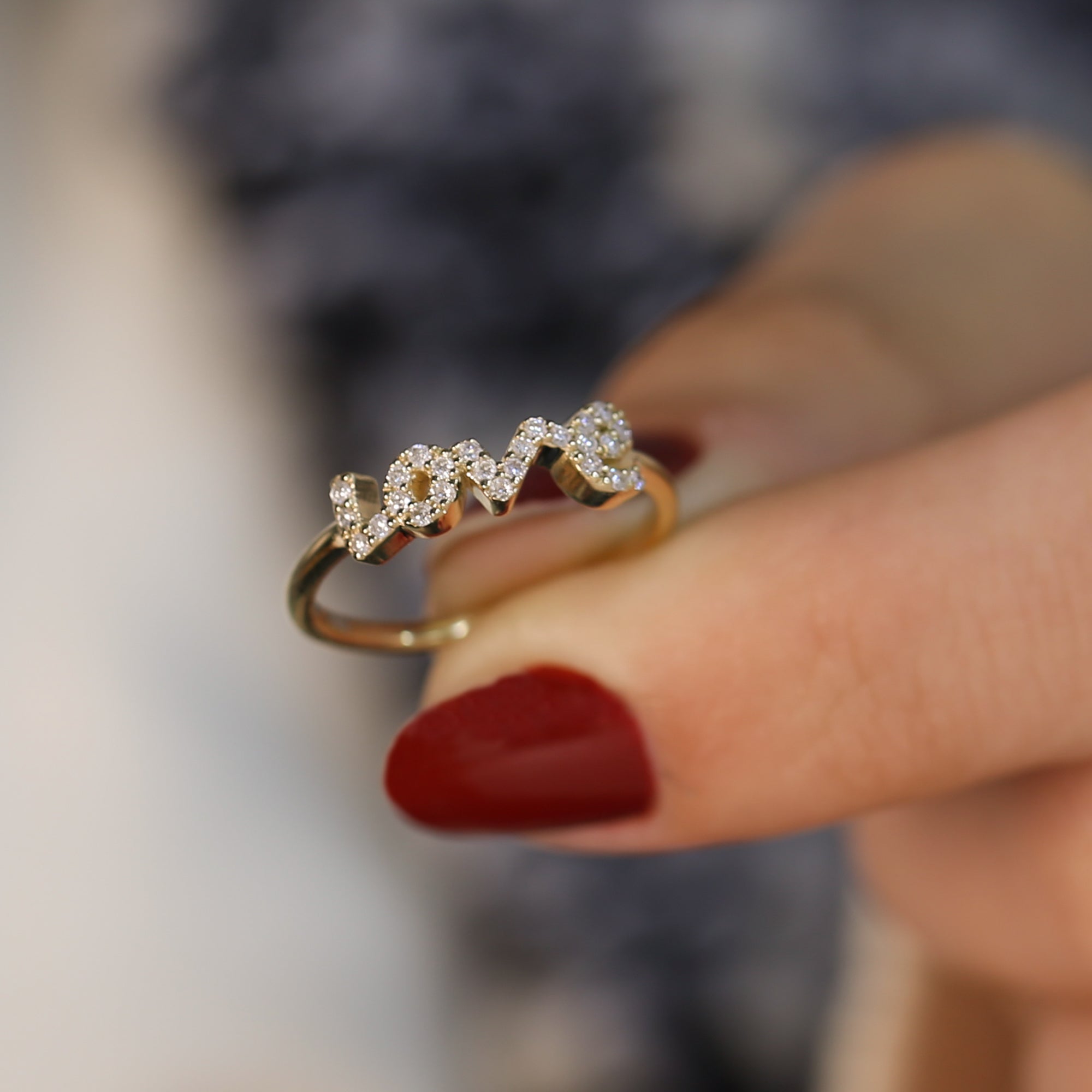 14K Gold Diamond Love Ring/ Dainty Gold Diamond Love Ring/ Minimalist Diamond Love Ring Anniversary Gifts/ Personalized Gifts/ Gift for Her