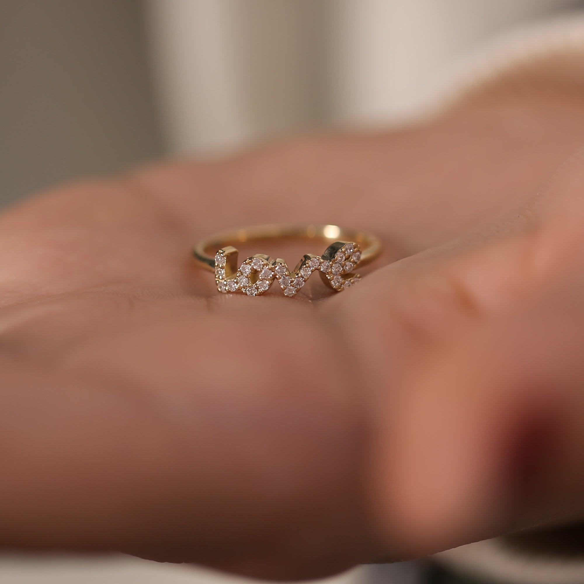 14K Gold Diamond Love Ring/ Dainty Gold Diamond Love Ring/ Minimalist Diamond Love Ring Anniversary Gifts/ Personalized Gifts/ Gift for Her