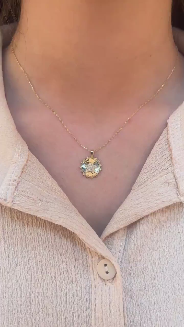 14K Gold Medallion Necklace with Diamond Star Charm