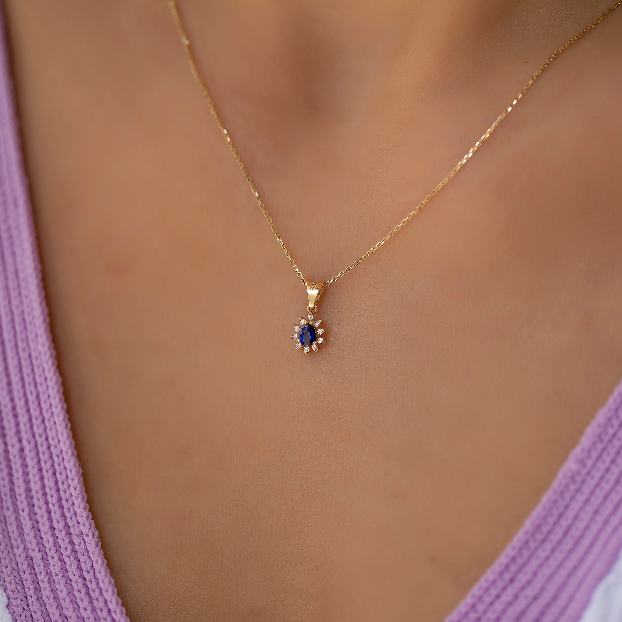 14K Gold Blue Sapphire & Diamond Pear Necklace – Astra