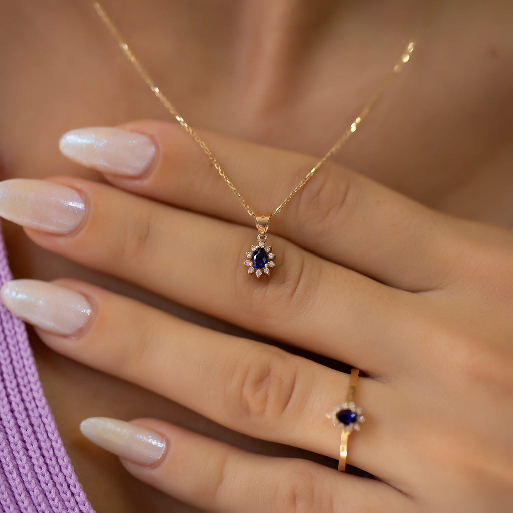 14K Gold Blue Sapphire & Diamond Pear Necklace – Astra