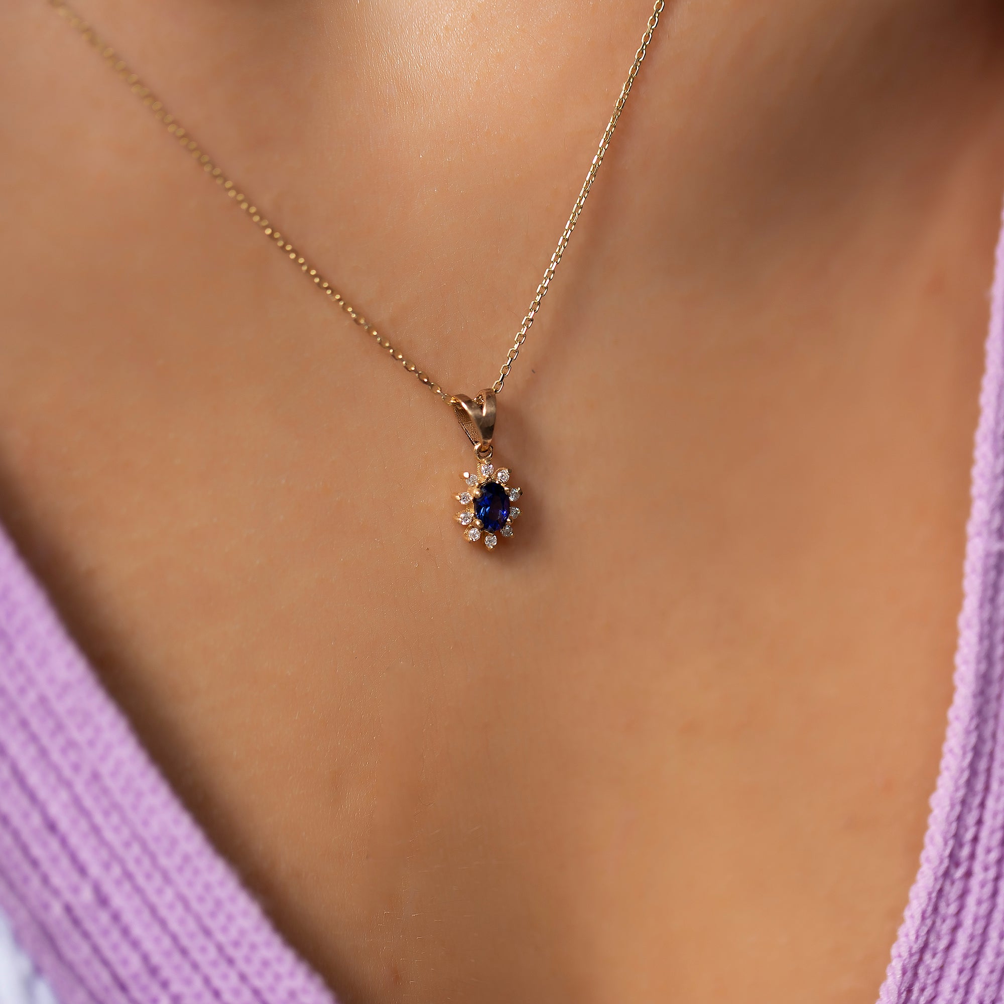 14K Gold Blue Sapphire & Diamond Oval Necklace – Astra