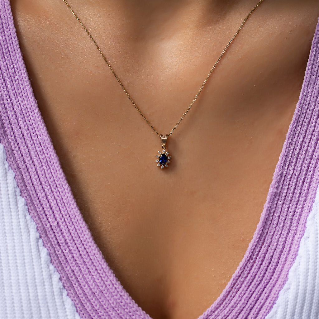 14K Gold Blue Sapphire & Diamond Oval Necklace – Astra