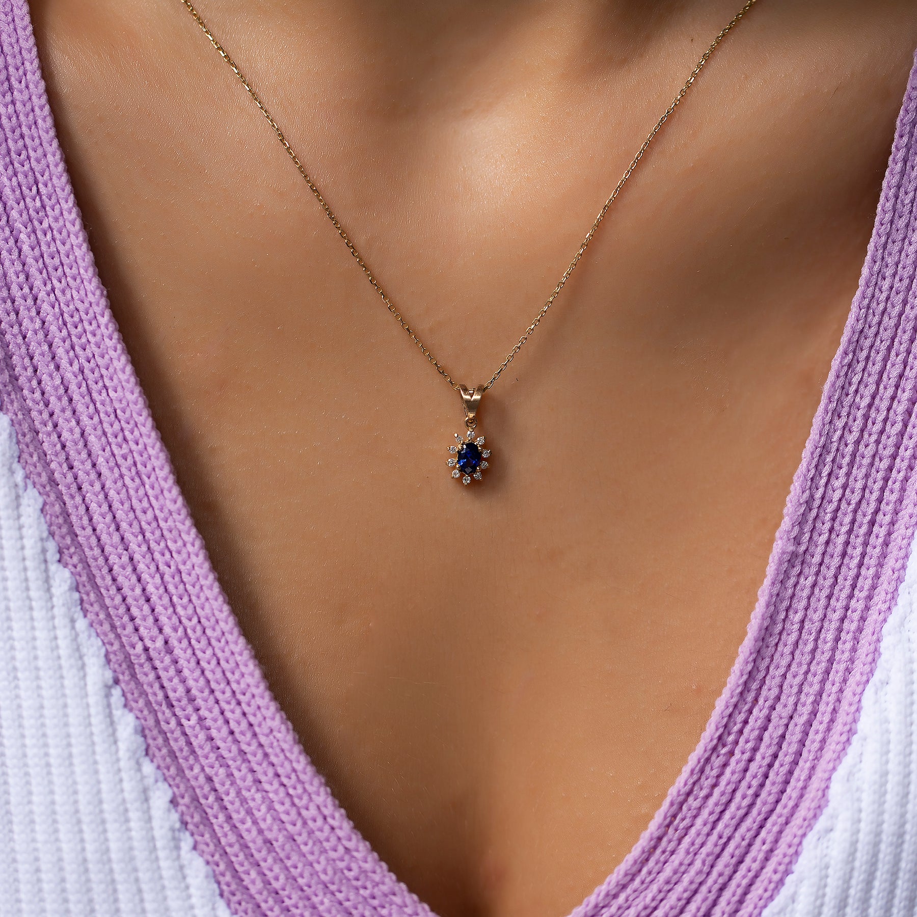 14K Gold Blue Sapphire & Diamond Oval Necklace – Astra