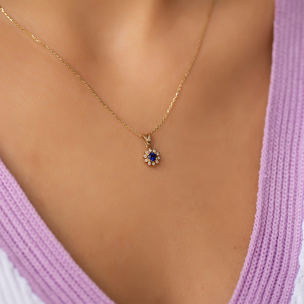 14K Gold Blue Sapphire & Diamond Round Necklace – Astra