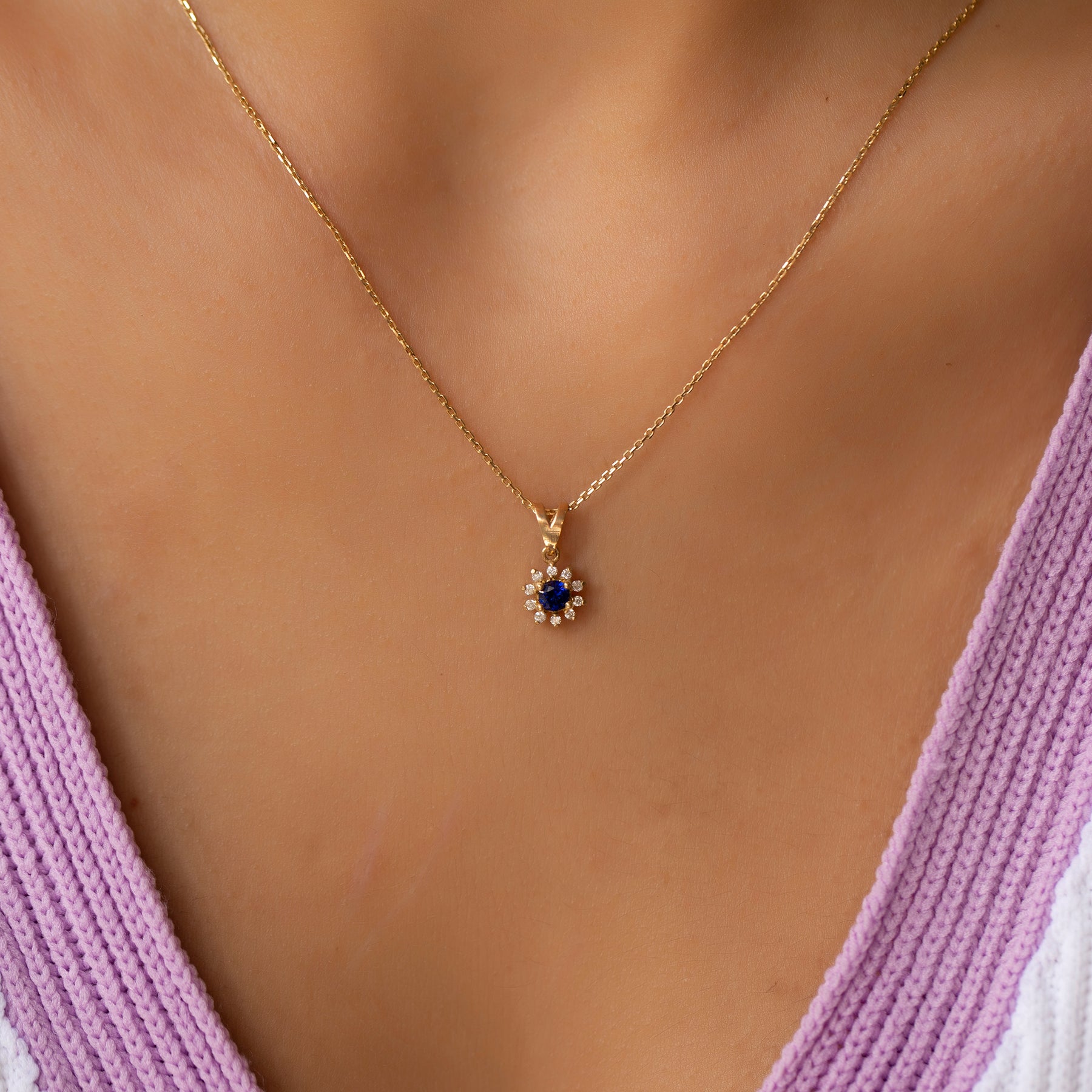 14K Gold Blue Sapphire & Diamond Round Necklace – Astra