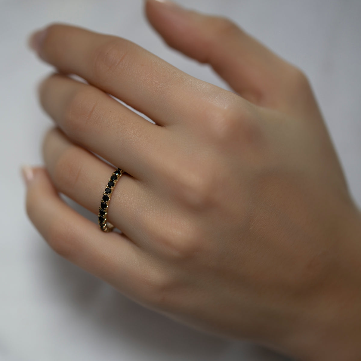 14K Gold Black Diamond Full Eternity Band Ring for Woman/ Black Diamond Stack Rings / Gold Black Diamond Stacking Dainty Wedding Band