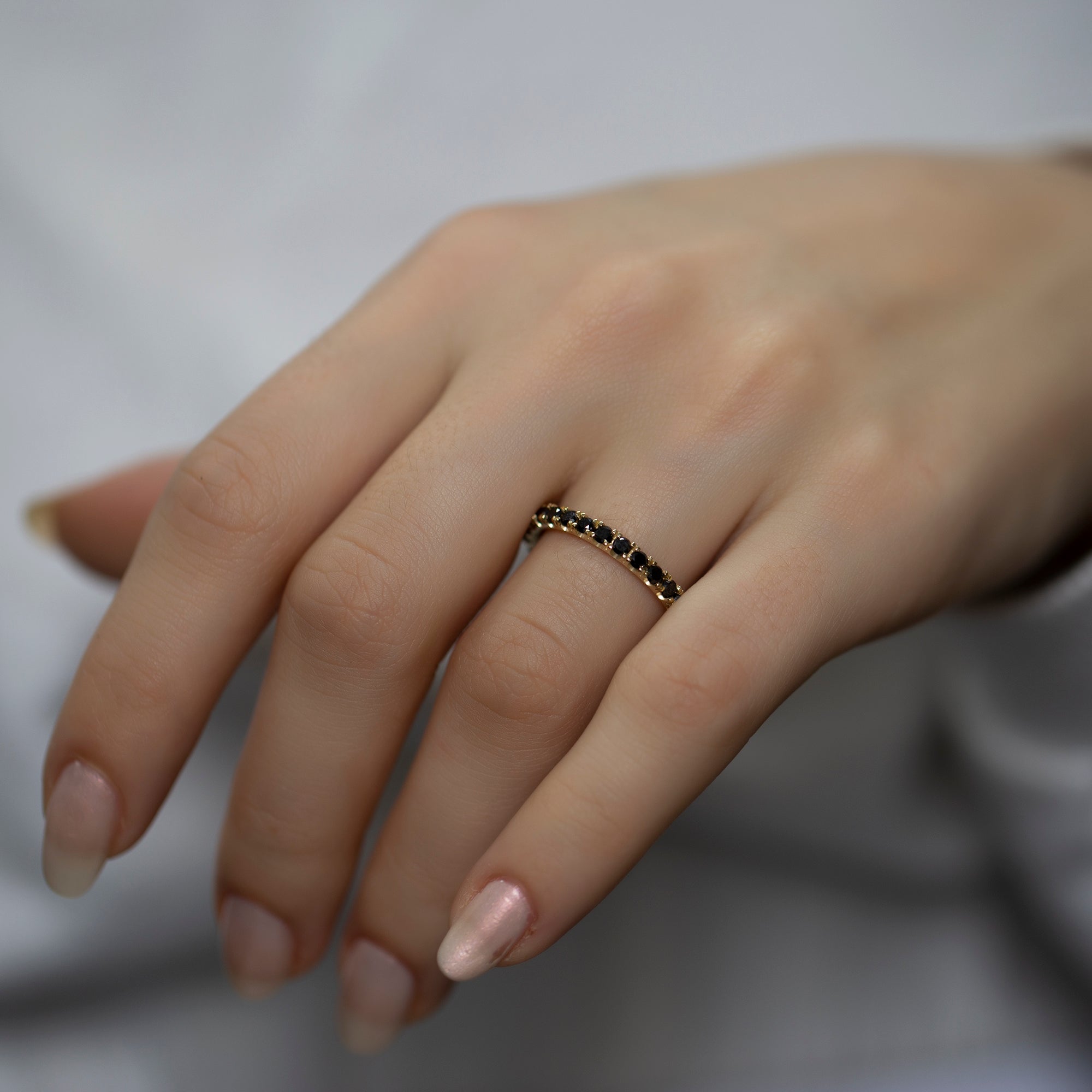 14K Gold Black Diamond Full Eternity Band Ring for Woman/ Black Diamond Stack Rings / Gold Black Diamond Stacking Dainty Wedding Band