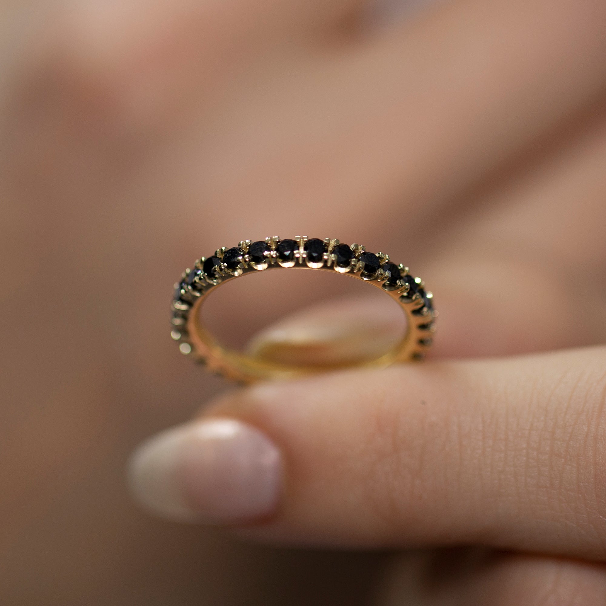 14K Gold Black Diamond Full Eternity Band Ring for Woman/ Black Diamond Stack Rings / Gold Black Diamond Stacking Dainty Wedding Band
