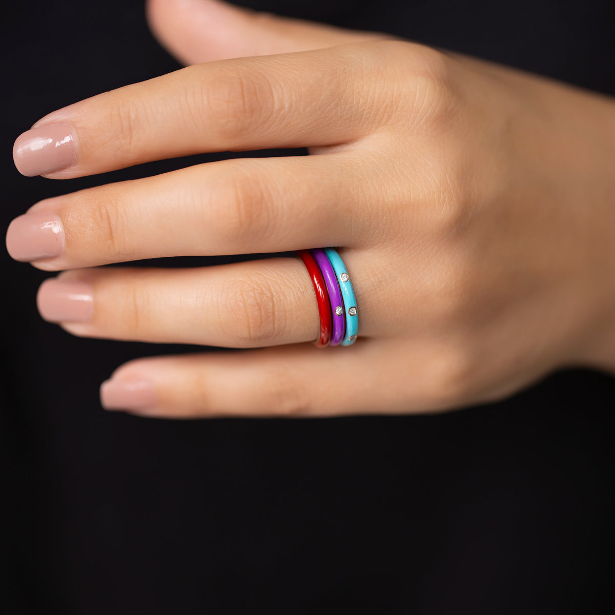 14K Solid Gold Color Enamel Rings/ Colourful Enamel Gold Diamond Rings/ Diamond Stackable Enamel Rings/ Gifts for Her/ Mothers Day Gifts