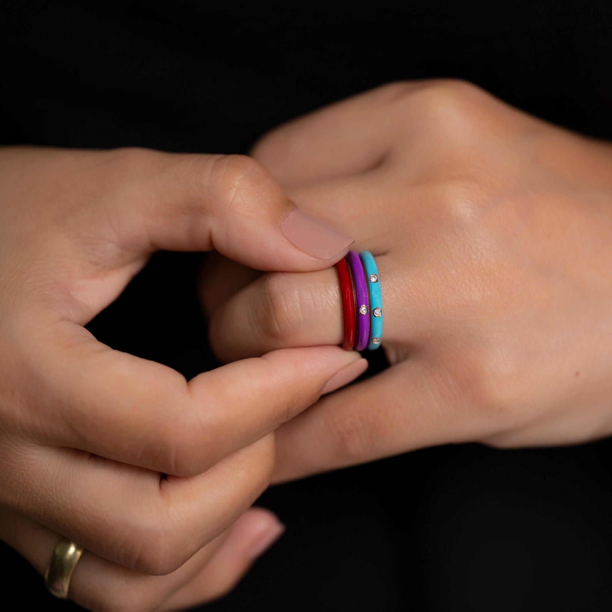 14K Solid Gold Color Enamel Rings/ Colourful Enamel Gold Diamond Rings/ Diamond Stackable Enamel Rings/ Gifts for Her/ Mothers Day Gifts