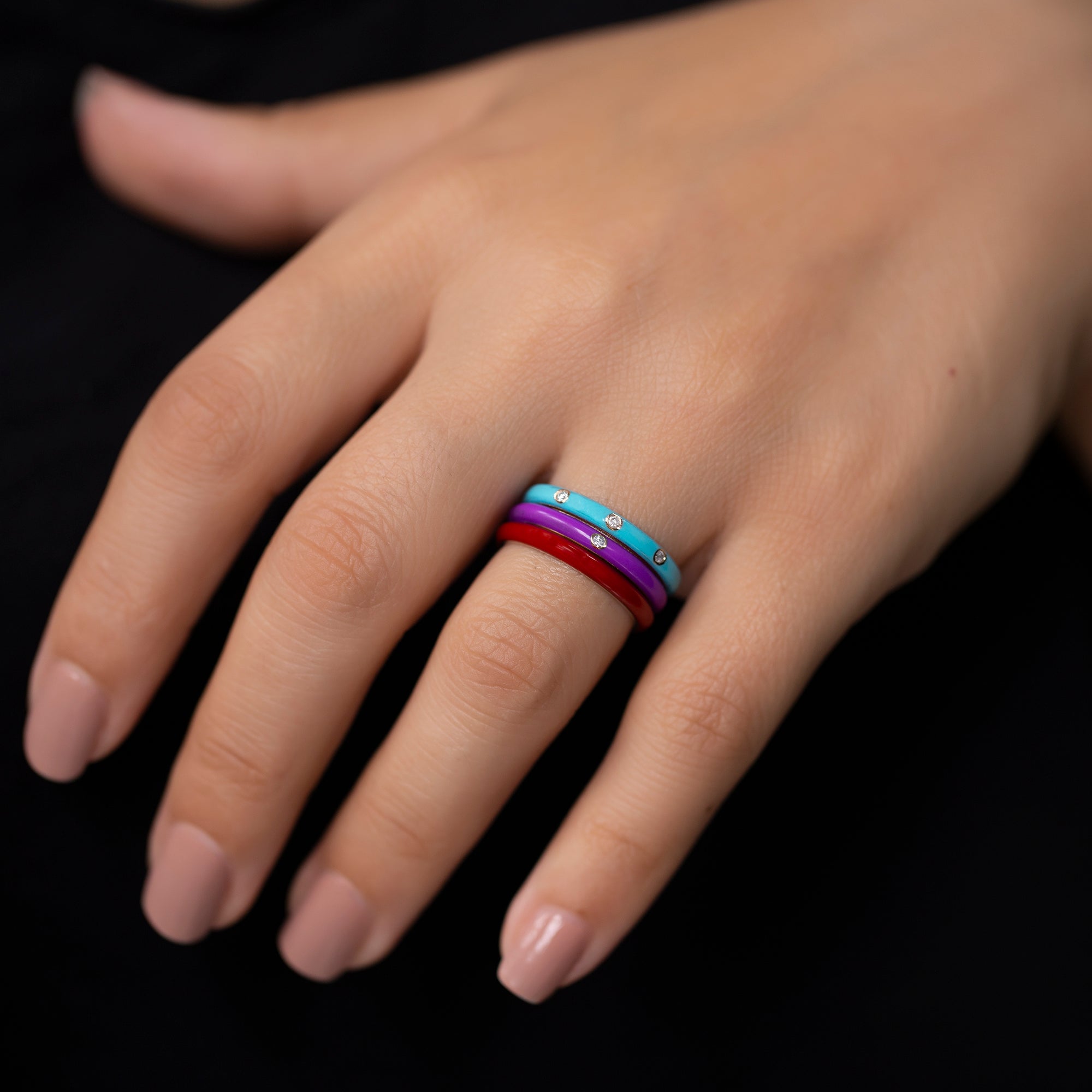 14K Solid Gold Color Enamel Rings/ Colourful Enamel Gold Diamond Rings/ Diamond Stackable Enamel Rings/ Gifts for Her/ Mothers Day Gifts